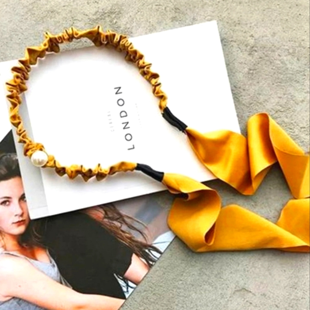 Gold Ribbon Pearl Headband Hair Jewelry Tie